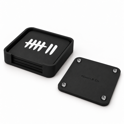 Black GAMESVN four-coaster set with matching low holder and clear rubber feet