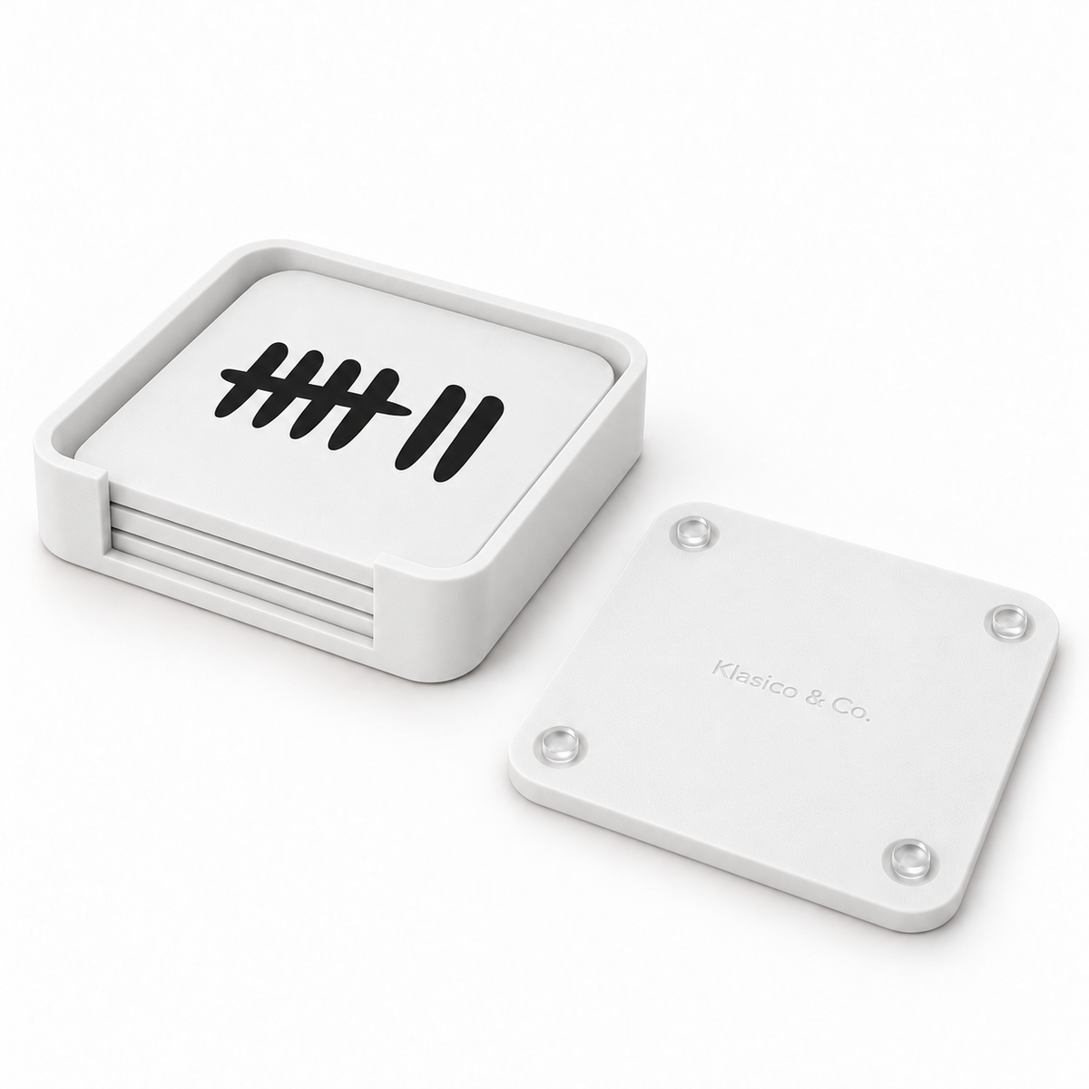 White GAMESVN four-coaster set with matching low holder and clear rubber feet